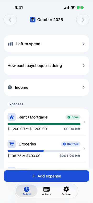 Budget screen in private mode: only expense categories visible