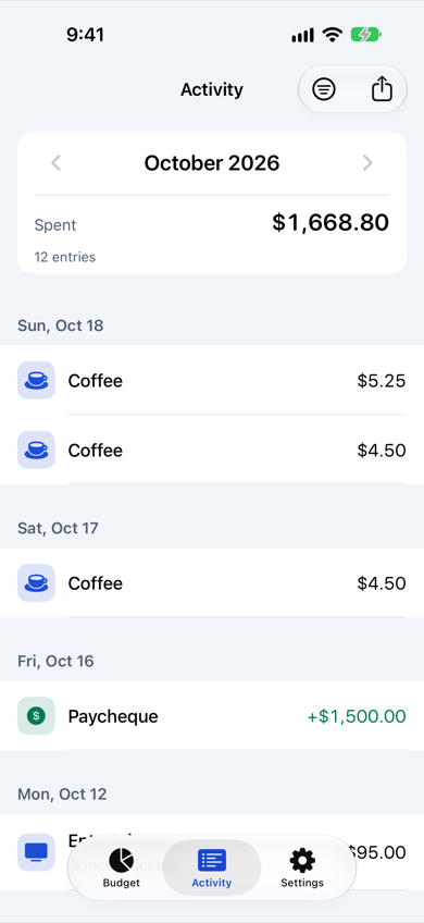 Activity tab listing entries grouped by day